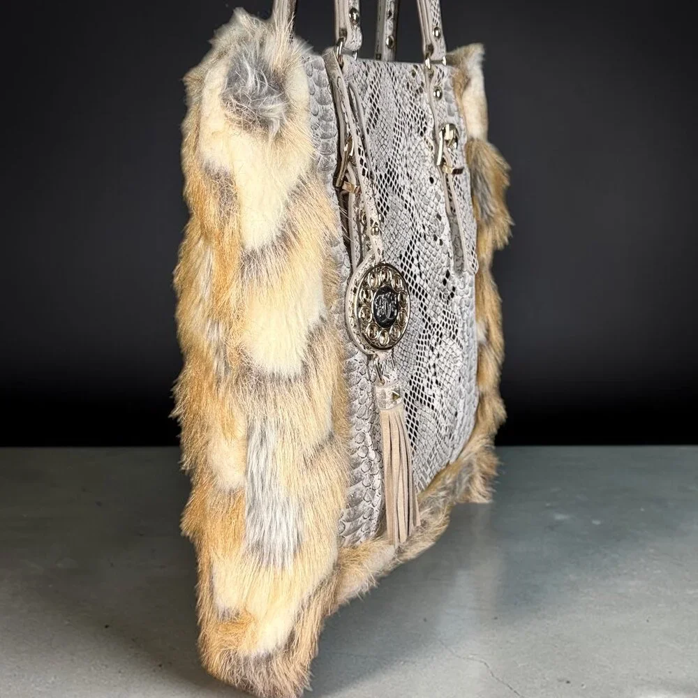 Sharif Studio Rare Snake Embossed Leather & Faux Fur Trimmed Shoulder Tote Bag
